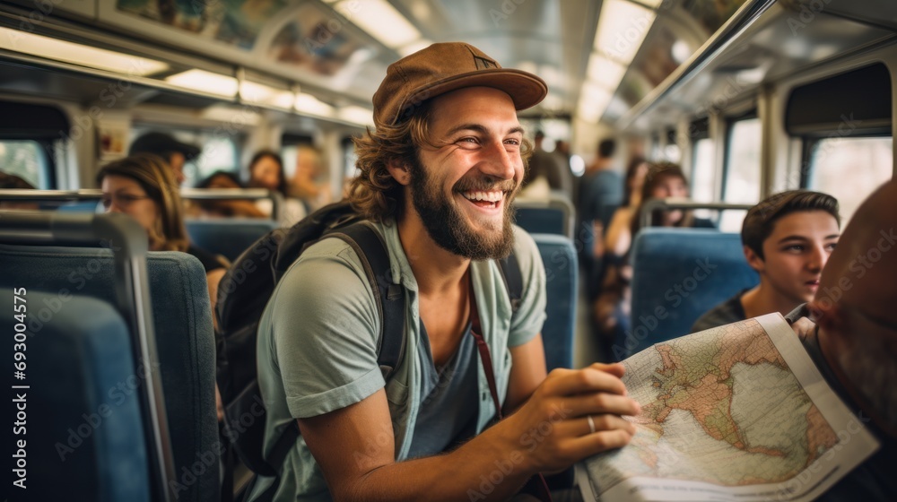a happy tourist traveling by train and holding a map and looking - obrazy, fototapety, plakaty 