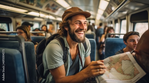 a happy tourist traveling by train and holding a map and looking