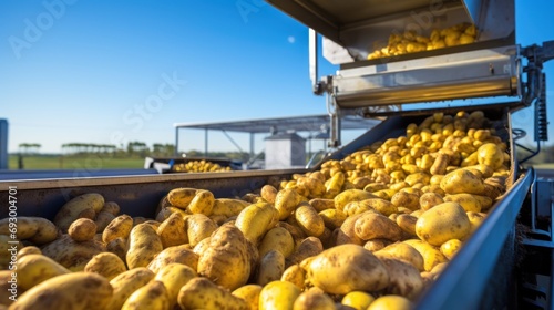 Potatoes are transferred into the container through a close-up potato conveyor. photo