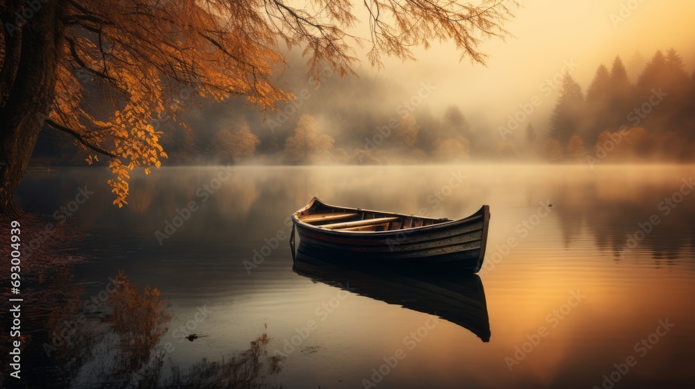 fishing boat silhouetted on tranquil lake waters at sunset