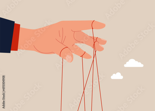 Hand pulling strings of puppet. Flat vector illustration