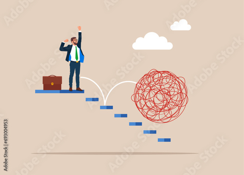 Happy businessman exempt from chaos. Relaxation help relieve stress, overcome frustration, reduce tension and make peaceful life. Flat vector illustrations.