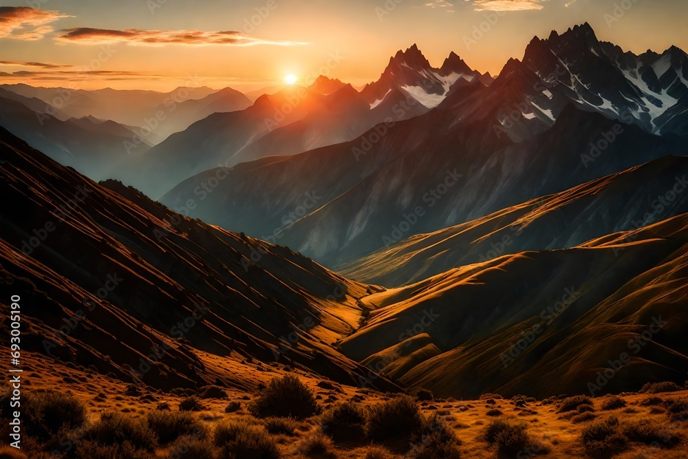 A panoramic view of a mountain range under the warm glow of a summer ...