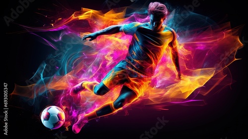 Young sporty athletic man wearing in red sport clothes, soccer football player in action on dark neon background. Concept of sport, game, action. Copy space for ad. Modern design background. AI.