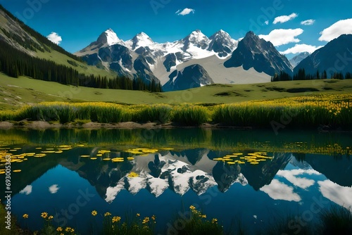 A serene mountain lake reflecting the azure sky and surrounding peaks  bordered by a lush field of wildflowers in various shades  celebrating the arrival of spring.