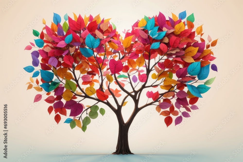 A tree whose multicolored leaves form a heart, with a flat bottom. symbolizing love and shared growth, perfect for Valentine's Day
