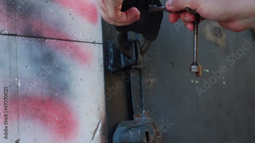 Opening an old padlock with a key on an iron door, close-up. Slow motion