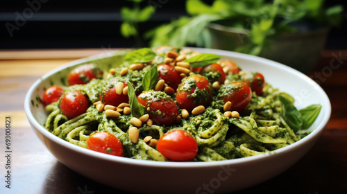 Vegan pesto pasta with cherry tomatoes, pine nuts, and a flavorful basil pesto sauce.