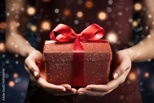 gift box with red ribbon in girl hands on festive glowing bokeh background