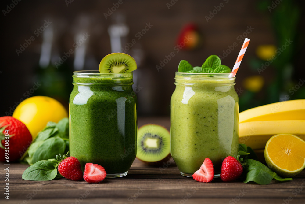 A side-by-side comparison of a nutrient-dense, homemade green smoothie with fresh spinach and fruits versus a store-bought sugary juice box, A side-by-side comparison of a nutrient-dense, homemade green smoothie with fresh spinach and fruits versus a store-bought sugary juice box,