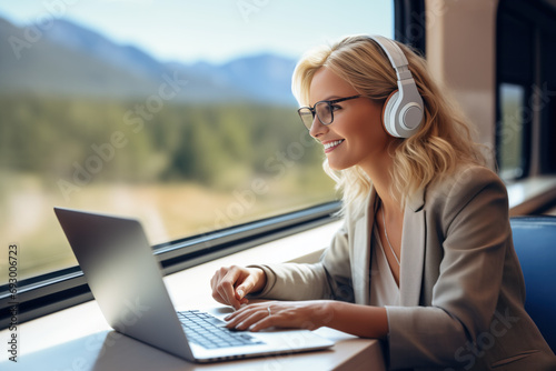 Geschäftsfrau reist in einem Hochgeschwindigkeitszug und arbeitet an ihrem Laptop und nimmt an einem Videotelefonat teil.  Konzept für mobiles Arbeiten, digitaler Nomade