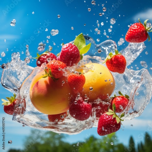 Summer fruit flying with splashing water  in the background a green field with a blue sky full of clouds on a hot summer day