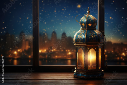 Traditional lantern near open window in dark, symbolic of Ramadan and Muslim festivities
