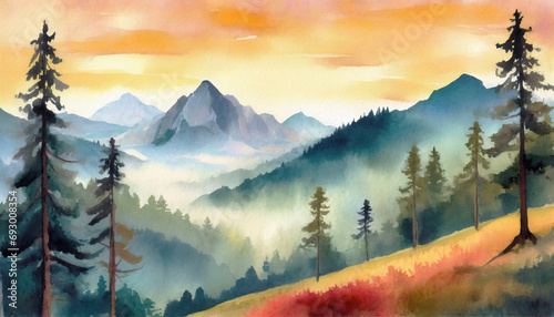 Colorful mystic art nature watercolor landscape painting with forest, mountains, trees, mist and woods. ai generated.