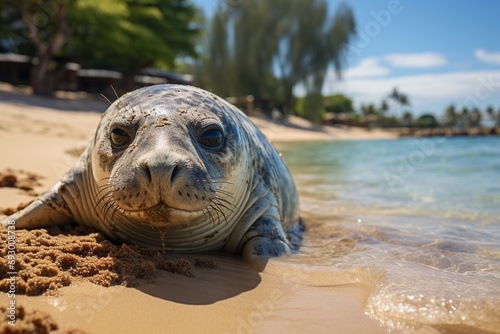 A Hawaiian Monk Seal resting on a secluded beach.