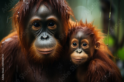 A Sumatran Orangutan with its baby in the rainforests of Indonesia.