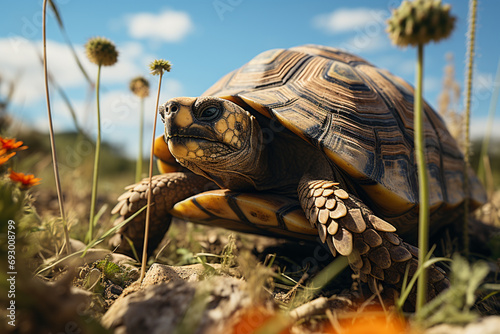 The delicate Ploughshare Tortoise in a natural grassland habitat. photo