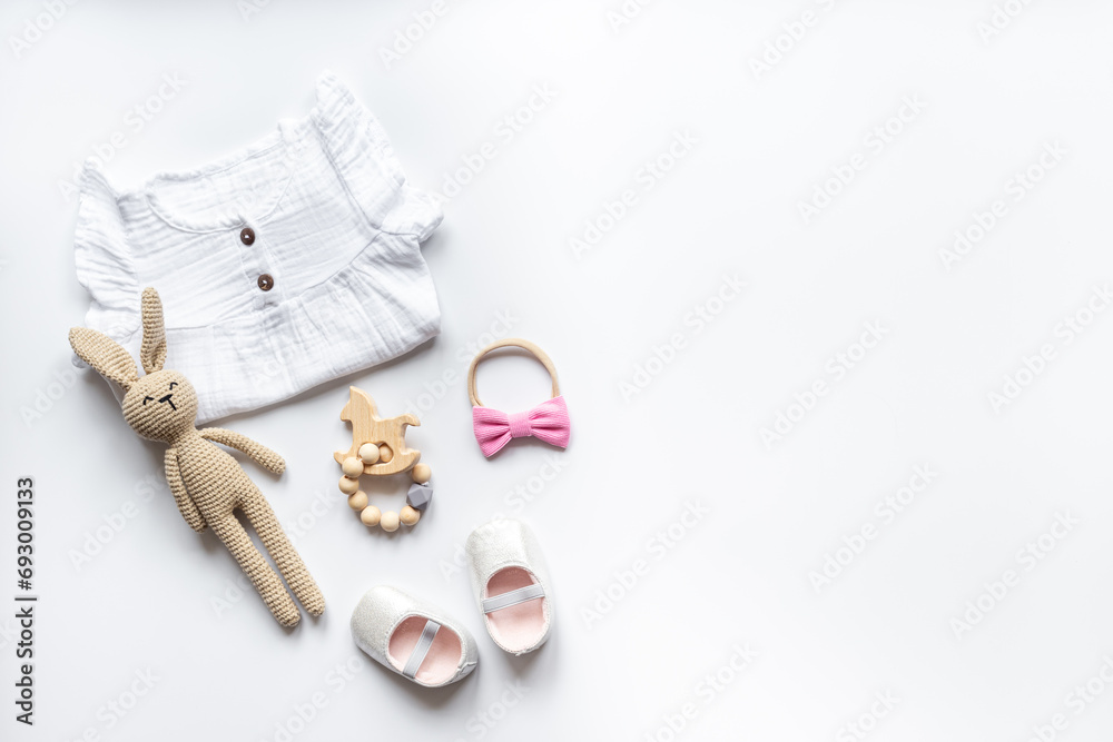 Set of baby girl dress and accessories, top view. Kids wear flat lay Set of baby girl dress and accessories, top view. Kids wear flat lay