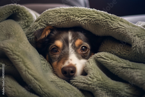 AI generated image of cute funny domestic animal sleeping wrapped in a warm blanket photo
