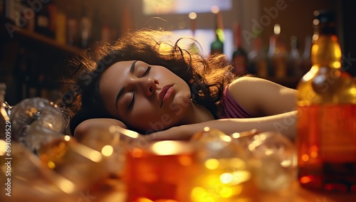 A young woman is sound asleep at a bar table surrounded by glasses and bottles of alcohol. The concept of giving up alcohol