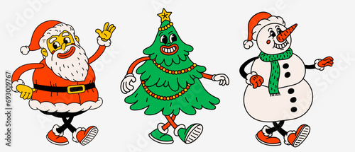 Retro style Christmas cartoon characters. Groovy vintage 70s funny Santa Claus, snowman, and Christmas tree with happy faces © mspoint