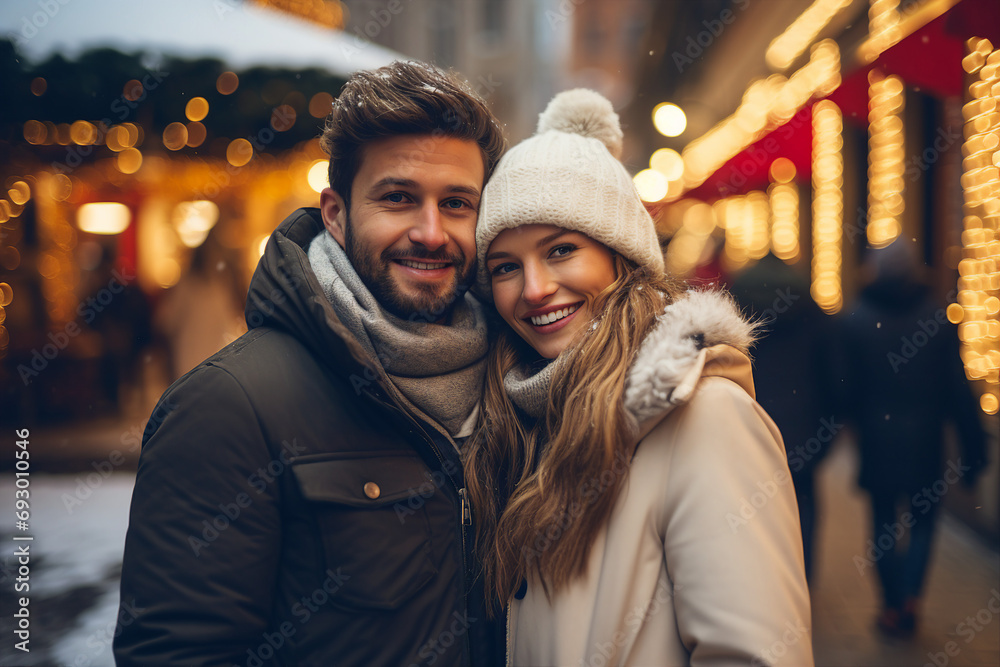 Generative AI portrait of young lovers couple over new year decorations snowy city winter fair Generative AI portrait of young lovers couple over new year decorations snowy city winter fair