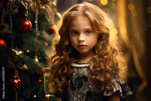 AI generated image of adorable girl on new year night christmas tree lights at the background