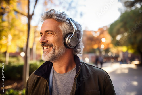 Happy handsome man in headphones walking in the park and listening to music generative ai photo