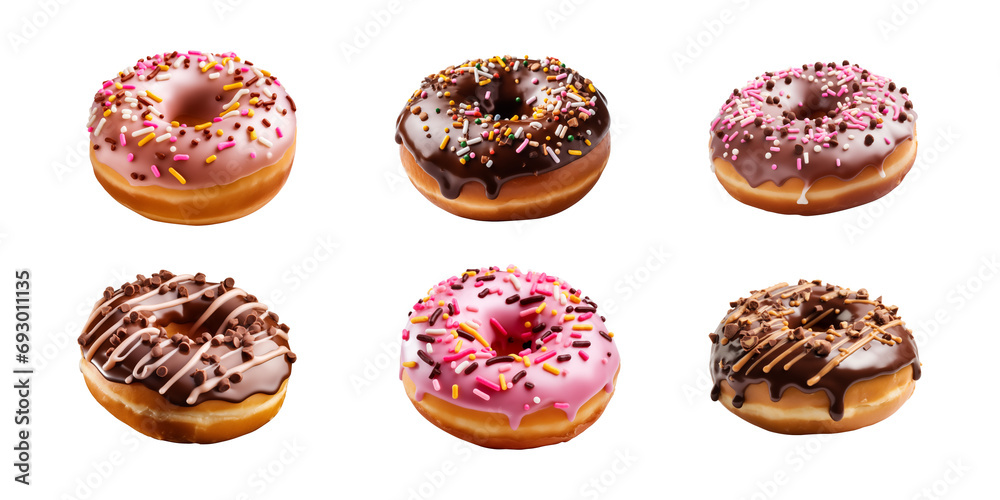collection set of donuts in different flavors isolated on a transparent background