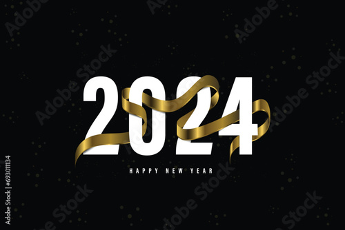 2024 happy new year wish with golden ribbon. Happy new year wish on black background with glitters. New year concept vector design for poster, banner, invitation, etc. Holiday greeting card design.