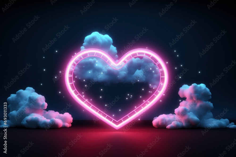 Captivating neon heart sign illuminated against a dark sky, accompanied by fluffy clouds and twinkling stars Captivating neon heart sign illuminated against a dark sky, accompanied by fluffy clouds and twinkling stars