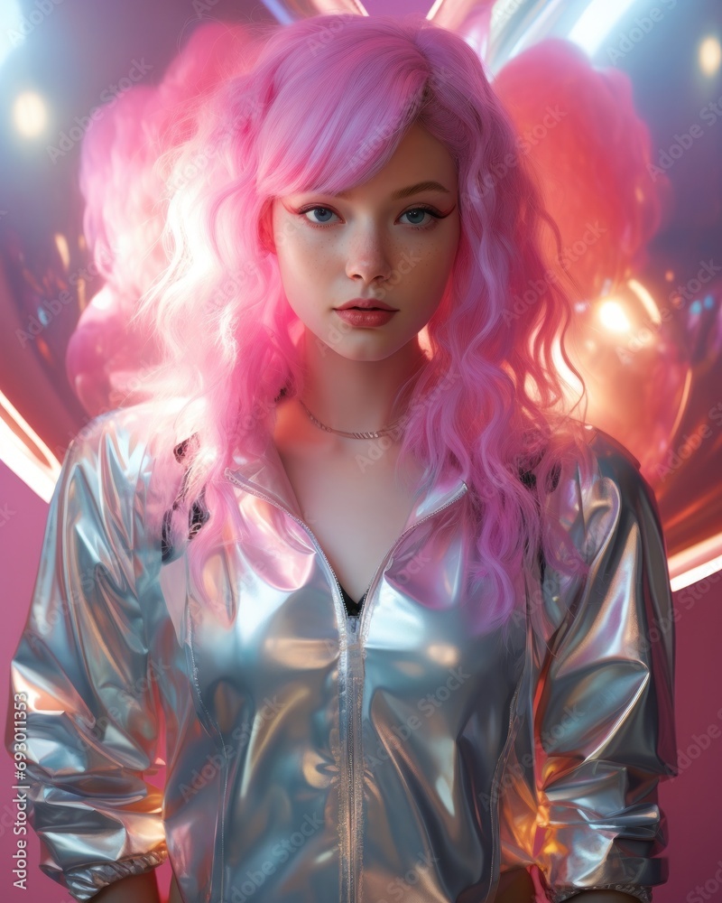 Futuristic portrait of a woman with striking pink hair, luminous eyes ...