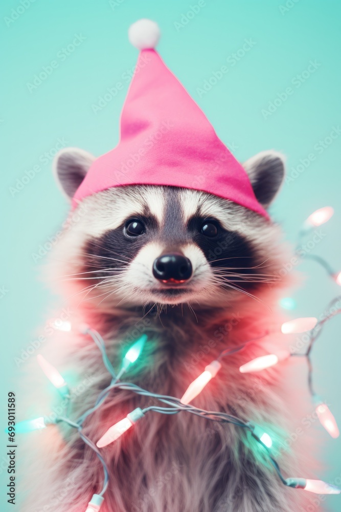 A delightful raccoon wrapped in christmas lights and wearing a pink santa hat, exuding holiday spirit - obrazy, fototapety, plakaty 