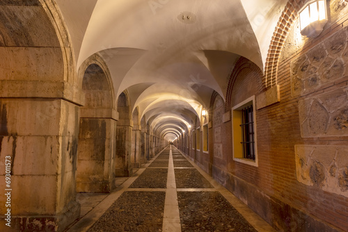 Arcade at Parejas square in Aranjuez. Madrid. Spain. Europe.