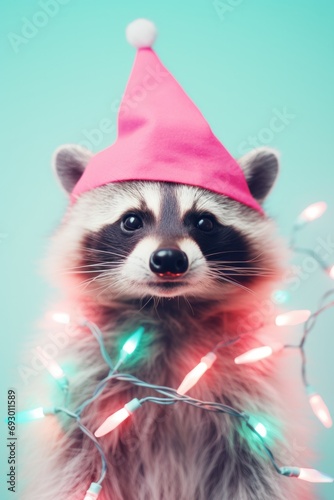 A delightful raccoon wrapped in christmas lights and wearing a pink santa hat, exuding holiday spirit