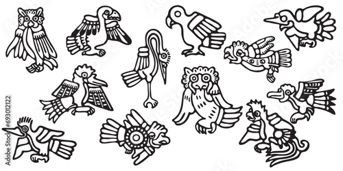 A set of tribal birds, black and white isolated vector. Aztec style Mexican designs