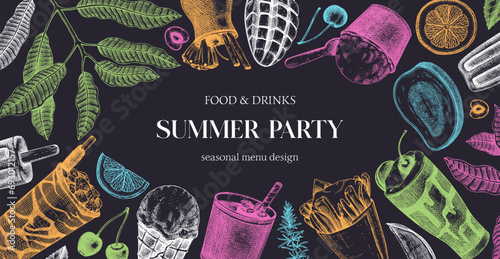 Summer party background. Non-alcoholic beverage, mocktail, ice cream, fruit, cocktail sketches. Hand drawn vector illustration. Summer food and drinks banner. Tropical frame design. photo