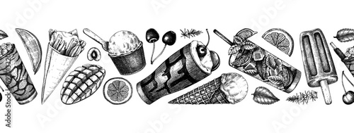 Summer party ribbon. Seamless pattern. Non-alcoholic beverage, mocktail, ice cream, fruit, cocktail sketches. Hand drawn vector illustration. Summer food festival. Tropical design.