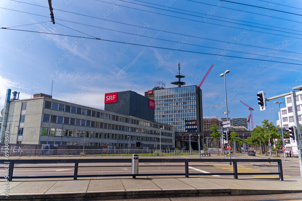 Office tower and outdoor studio of Swiss National Television SRF at City of Zürich district