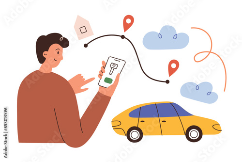 Man uses carsharing app, hand drawn composition with automobile rent, vector illustration of smartphone screen with key icon, taxi or car rental in travel, transport business concept