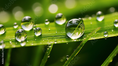 Macro of beautiful round dewdrops on grass