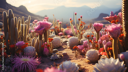 Desert Bloom Oasis, A surreal desert landscape where cacti transform into colorful flowers, defying the typical arid expectations of a desert environment