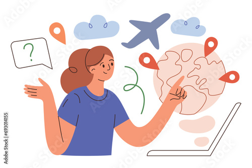 Travel planning vector composition, woman choosing destination online, hand drawn illustration with cartoon character, travel agent with map on computer, worldwide places and cities to visit