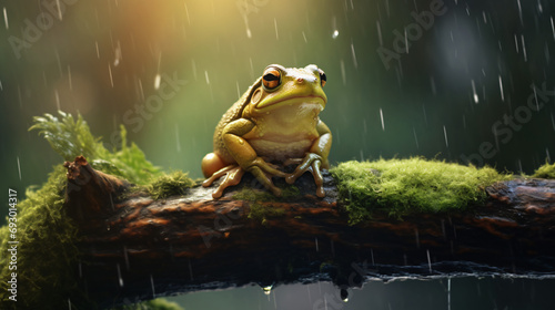 Macro shot of a frog perched on a wooden branch © Hamna