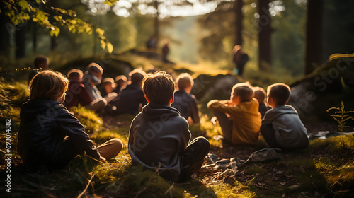 Digital Detox Retreat, Group of children enjoying nature, away from screens, playing and bonding in a forest setting,