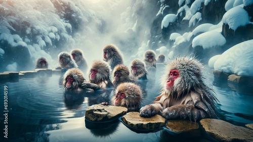 雪に囲まれた温泉でリラックスするニホンザルの群れ photo