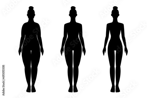 Body mass index. Fat and slim woman silhouette. Before and after weight loss. Obese woman and man silhouettes. Person with overweight. Female body with different weight vector illustration. 