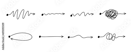 Arrow set. Chaos mind brain, problem solving and business solution searching challenge concept. Complex and easy simple path way from start to end. Hand drawn vector doodle scribble chaos path line.