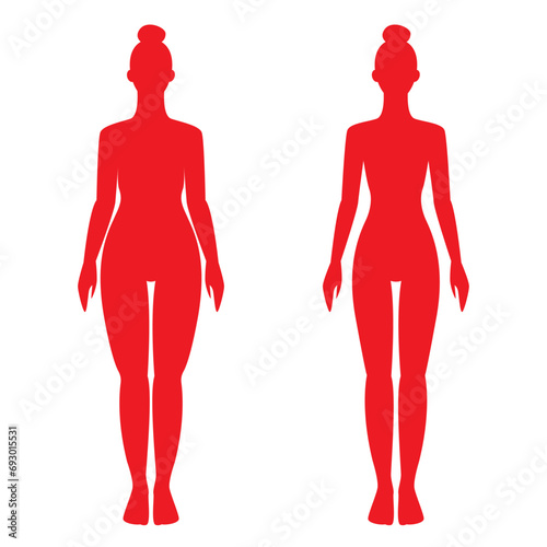 Fat and slim woman silhouette. Before and after weight loss. Body mass index. Obese woman and man silhouettes. Person with overweight. Female body with different weight vector illustration. 