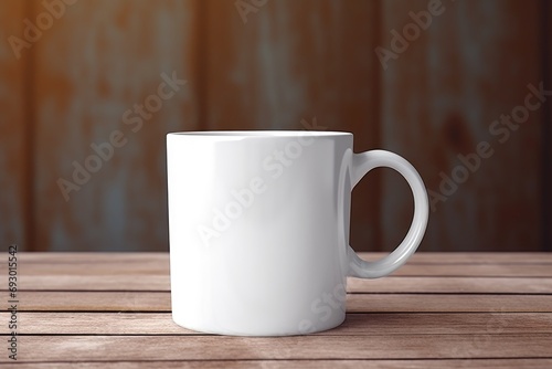 Empty blank mock up of white ceramic coffee mug on wooden table